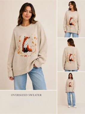 Oversized Cozy Fox Sweater - Cream 2X